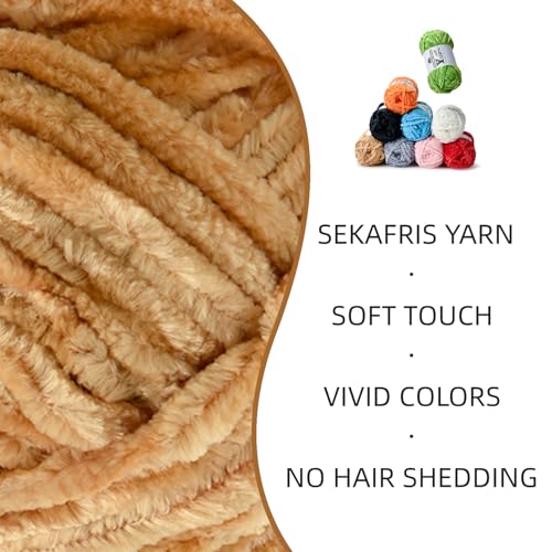 Image of 2 Pack Plush Chenille Chunky Yarn - Fluffy Velvet Yarns Crochet for Blanket Knitting and Crocheting - Soft Baby Yarn for Crocheting - Amigurumi Crochet Yarns 100g (87yds) (2 Khaki)