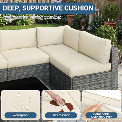 Image of Wisteria Lane 7 Pieces Outdoor Patio Furniture Set, Wicker Outdoor Patio Sectional Sofas with Coffee Table, All-Weather Patio Conversation Set for Garden Backyard, Beige