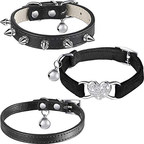 3 Collares de Gato con Campanas de Seguridad, Cuero Negro Clásico Básico, Cuero con Remaches, Diamantes de Imitación de...