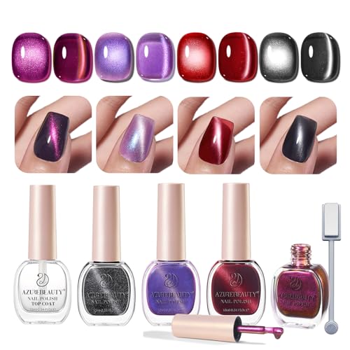AZUREBEAUTY Cat Eye Nail Polish Set Quick Dry Mooncat Glitter Holographic Purple Black Red 4 Colors Natural Fingernail with Top Coat DIY Salon Home no Gel