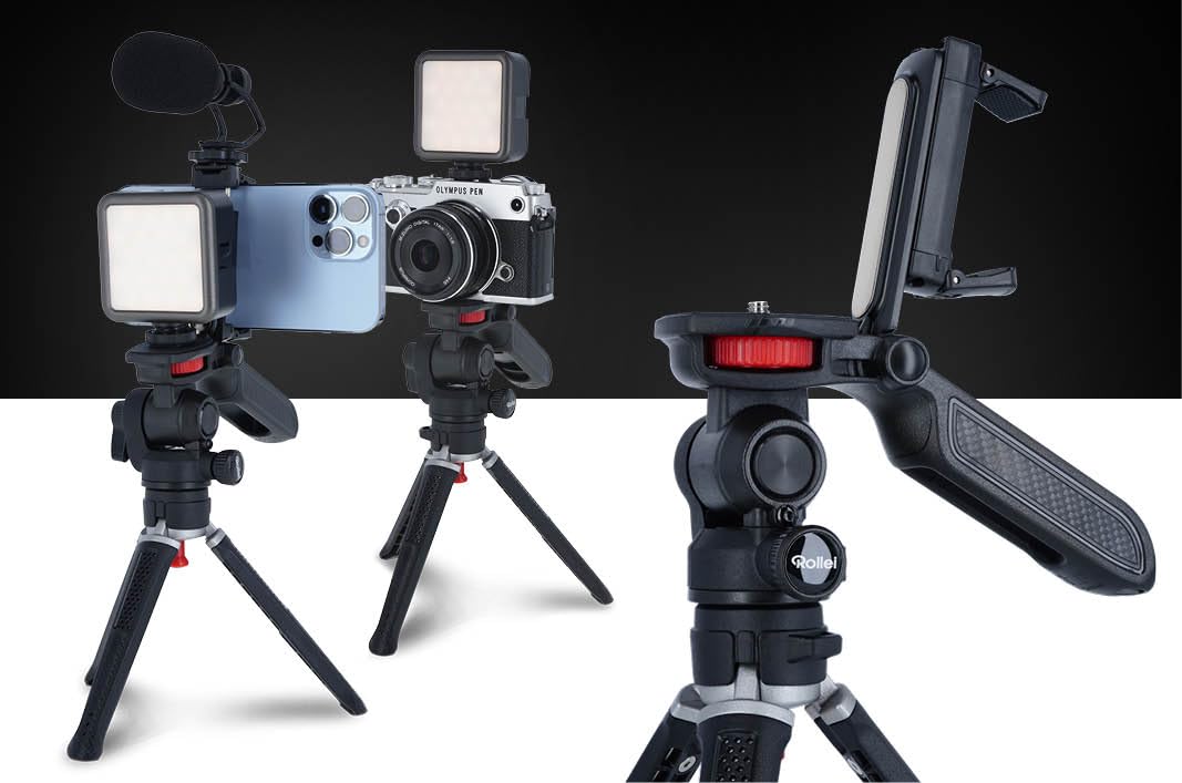 Rollei Creator Grip – ministatyw: elastyczny statyw 3 w 1 do pierwszorzędnych zdjęć z obrotową głowicą 360°, uchwyt na aparat kompaktowy i uchwyt na smartfon!