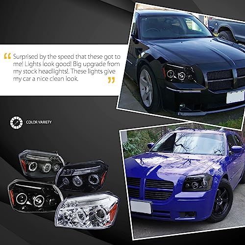 Autozensation Compatible With 2005-2007 Dodge Magnum Led Dual Halo Jet Black Projector Headlights L + R Pair Headlamp #TOP4