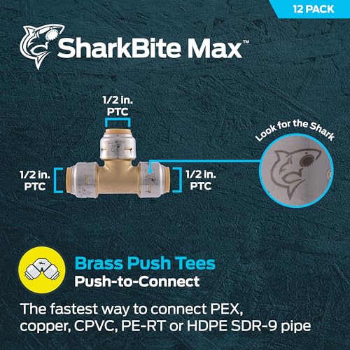 Image of SharkBite Max 1 /2 Inch Tee, Pack of 12, Push to Connect Brass Plumbing Fitting, PEX Pipe, Copper, CPVC, PE-RT, HDPE, U362LFA