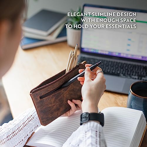 Moonster Leather Pencil Case Pouch, Handcrafted Leather Pen Case With Zipper That’s Made To Last - Elegant & Practical Brown Leather Pencil Cases For Adults - Unique 8" X 4" Design With Side Pocket #TOP1