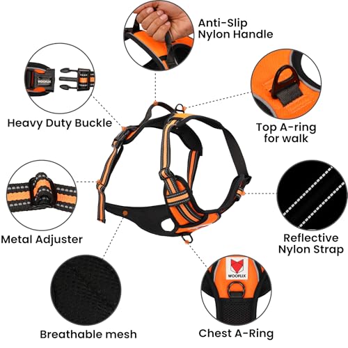 Image of Wooflix Heavy Duty Reflective Dog Harness for Big Sized Breed Dogs - No Pull, No Choke Harness for Dog with Adjustable Chest Belt with Soft Padded Handle | Orange - Size: XL (32kg to 42kg Dog)
