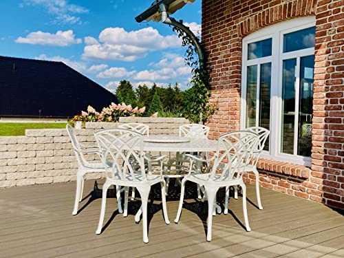 Lazy Susan 150 cm Runder Frances Gartentisch in Weiß mit 6 April Stühlen, Ohne Sitzkissen | Nachhaltiges Sandguss-Aluminium | Wetterfest | Rostfrei | Wartungsarm | 3 Jahre Garantie