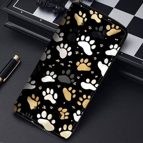 Image of RFID Blocking Leather Wallet for Women - Large Capacity Zip Around Clutch with 8 Card Slots,19 Cash Pockets & Coin Zipper,Cute Dog Paw Prints