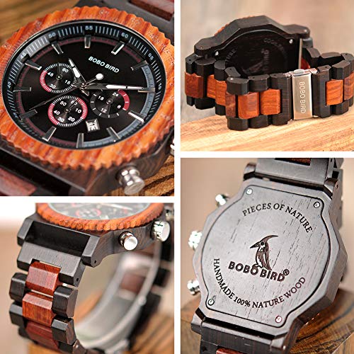 Bobo Bird Mens Luxury Wooden Wrist Watches Large Size Date & Chronograph Display Ebony Watch With Bamboo Wood Box For Men #TOP4