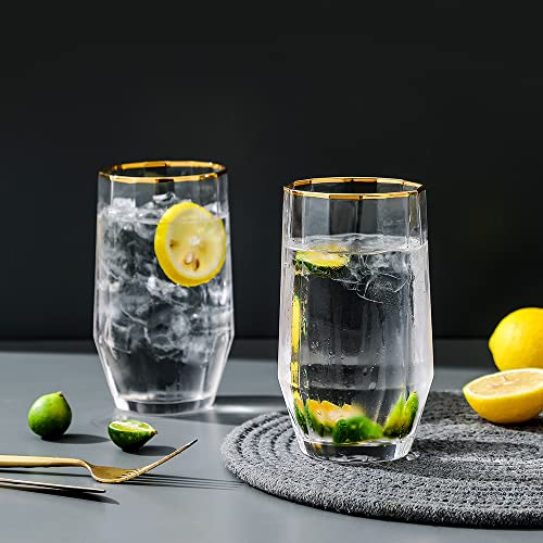 Everest Global Polyhedron Gold Rim Clear Crystal Glass Highball 21.5Oz Set Of 6 Blown Rock Cups For Old Fashion Soda Juice Milk Coke Beer Tea Spirits Water Ice Beverage #TOP3