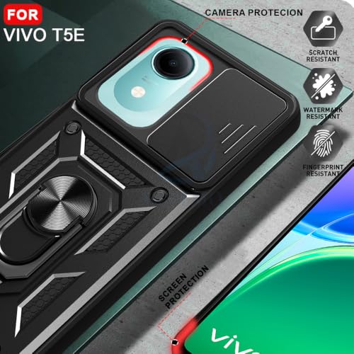 Image of AESTMO Tough Armor Vivo T5E Bumper Back Case Cover | Ring Holder & Sliding Camera Shield Cover | 360 Degree Protection Back Case Cover for Vivo T5E (Black)