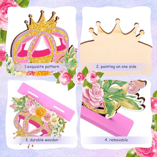 Image of 6 Pcs Princess Party Centerpieces Floral Wooden Princess Theme Table Decorations Castle Crown Carriage Pink Gold Topper Decors for Girls Birthday Spring Party Flower Baby Shower Home Indoors