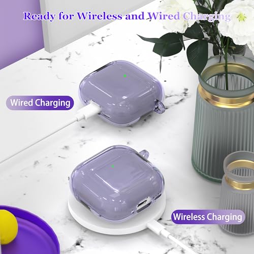 Image of for AirPods 4th Generation Case Cover 2024, Military-Grade Shockproof, Soft TPU Highly Transparent Anti-Yellowing for AirPods 4 Case with Cleaning Kit & Cute Round Buckle, Clear Purple