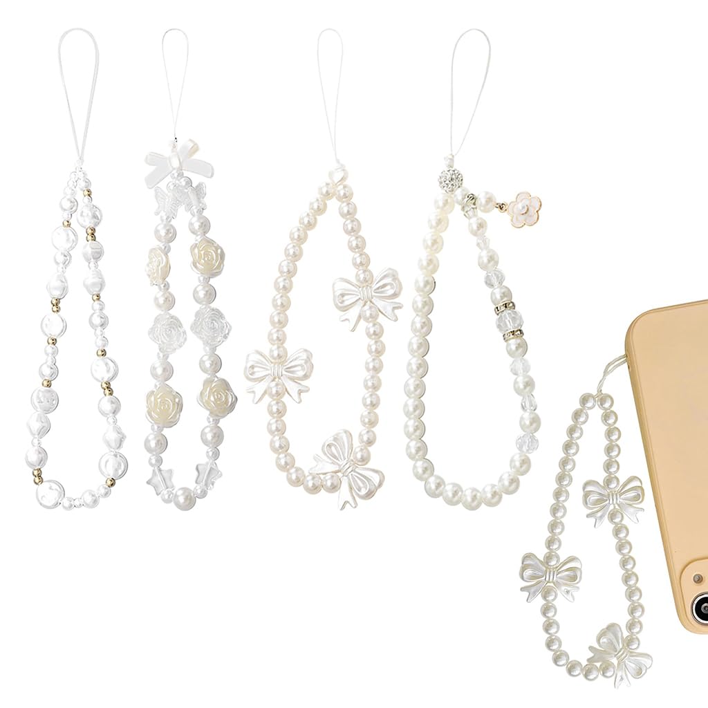 Pearl Bow Floral Phone Charm With String Loop - 4Pcs Beaded Wrist Straps for Girls - Kawaii Trendy Charms for Phone Case - Gift for Girls