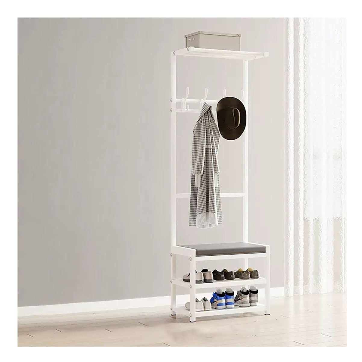 Porte-manteau d'entrée blanc 40cm avec banc à chaussures intégré en métal moderne