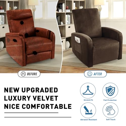 Image of ZNSAYOTX 2026 Velvet Small Recliner Cover 3-Piece, Luxury Plush Recliner Chair Covers with Elastic Band & Ties Stay in Place, Stretch Reclining Slipcover for Lazy Boy Soft Washable (Dark Coffee)