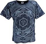 GURU SHOP Tibet & Buddhist Art T-Shirt, Flower of Life Mandala Stonewash T-Shirt - Dunkelblau, Herren, Size:XL