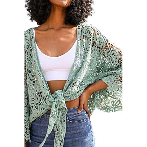 TD Collections Women's Geometric Embroidered Long Kimono - Beach Bikini Crochet lace Cardigan Floral Kimono Wrap Mint Cover