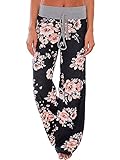UPSTONE Women's Floral Print Comfy Stretch Drawstring Palazzo Wide Leg Lounge Pants (M, 0486-Black)