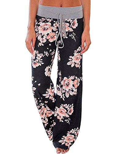 Wallvhion Women's Casual Pants Comfy Pajama Floral Print Drawstring Palazzo Lounge Wide Leg Pants (Black,Medium)
