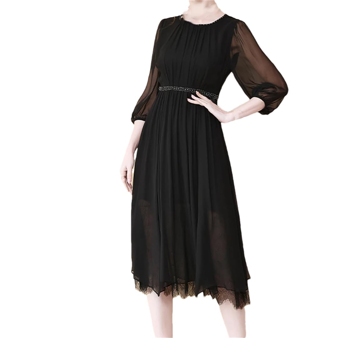 Maxi abito da donna in pizzo di seta tinta unita girocollo mezza manica fluida slim fit abito casual