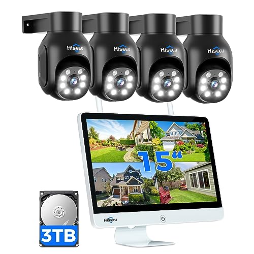 【5MP+PTZ】 Hiseeu Überwachungskamera Set Aussen WLAN mit 15''Monitor 10CH Wireless NVR,4 Pcs 5MP...