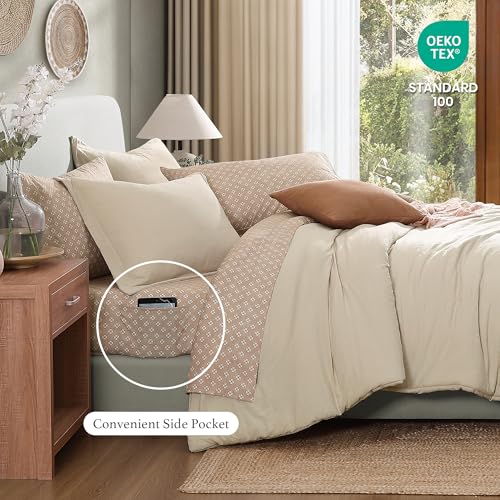 Monbix Full Size Comforter Set - 7 Pieces Beige Prewashed Bed in a Bag Full Bedding Sets with Comforters, All Seasons Ultra Soft Comforter Bed Set with Sheets,Pillowcases & Shams