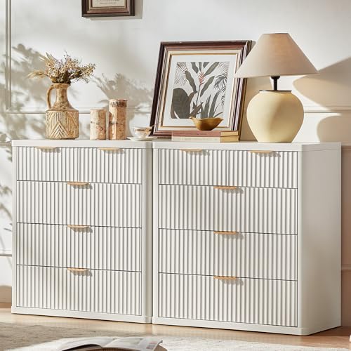 Image of LEYAOYAO Fluted 5 Drawers Dresser for Bedroom Set of 2, 34 inch Tall Modern Chest of Drawers with Metal Handle, Curved Profile Design,White Wood Drawer Organizer for Bedroom, Living Room, Hallway