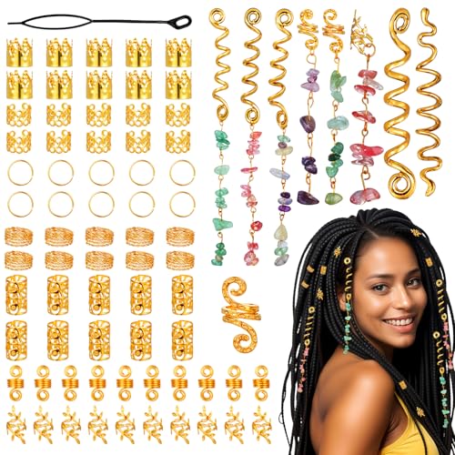Tyqour 80pcs Gold Hair Rings Hair Jewelry for Braids, Loc Jewels for Black Women, Colored Natural Crystal Stone Dreadlock Hair Accessories for Braids Hairstyle Decoration