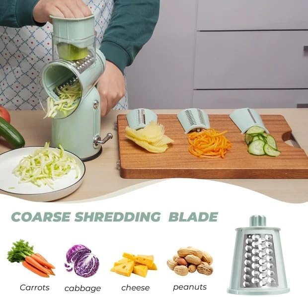 Rotary Cheese Grater Hand Crank with 5-in-1 Interchangeable Blades & Strong Suction Base Vegetables Shredder Manual Slicer for Kitchen, Green