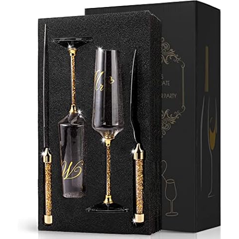 VARLKA Wedding Cake Knife and Server Set, Champagne Flutes Print Mr and Mrs for Bride and Groom Toasting Glasses Wedding Bridal Shower Gifts Cover