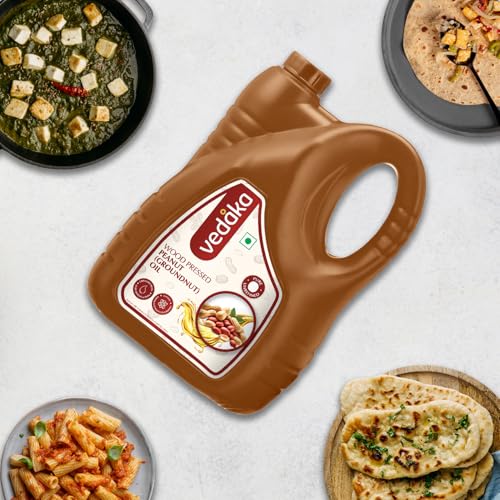 Image of Amazon Brand - Vedaka Wood Pressed Peanut Oil 5L | Cooking Oil | Groundnut Oil | Kolhu, Kacchi Ghani, Mara Chekku, Ganuga | Rich Aroma & Flavour Of Groundnuts