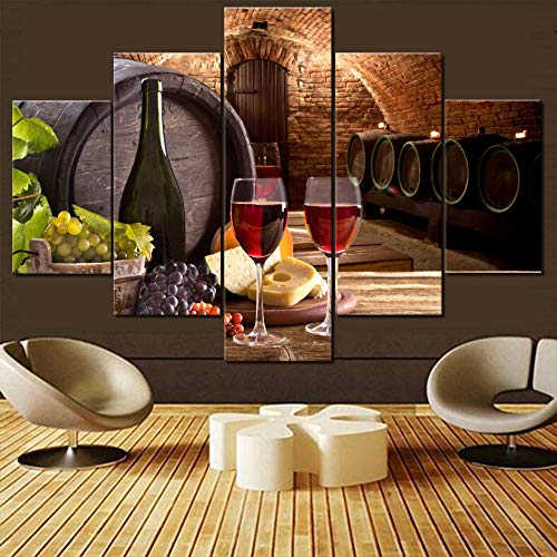 Wine Cellar Canvas Wall Art Wine Bottle And Glass Picture Wooden Barrel Painting For Living Room Multi Panel Prints Artwork Modern House Decor Framed Gallery-Wrapped Ready To Hang Gift(60''Wx40''H) #TOP29