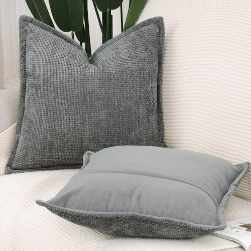 Image of MADIZZ Decorative Chenille Velvet Throw Pillow Covers Set of 2 Soft Boho Textured Neutral Couch Throw Pillow for Bed Modern Farmhouse Home Decor for Sofa Livingroom Dark Grey 20x20 Inch