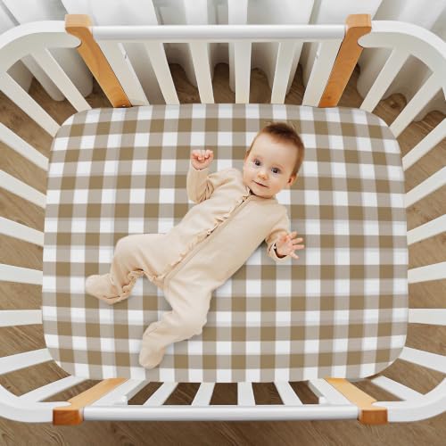 Image of Crib Sheet Breathable Soft Crib Mattress Sheet for Baby Toddler Boys Girls Fitted Crib Sheet Fit Standard Crib Mattress 39 x 27 Inch Brown Gingham Checkered