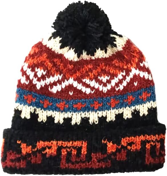 TINKUY Peru Alpaca Wool Winter Beanie, Handmade Bobble Hat, Unisex, One Size