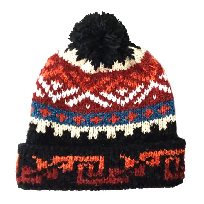 TINKUYPeru - Peruvian Alpaca Wool - Men and Women Handmade Pom Pom Beanie Hat - Red