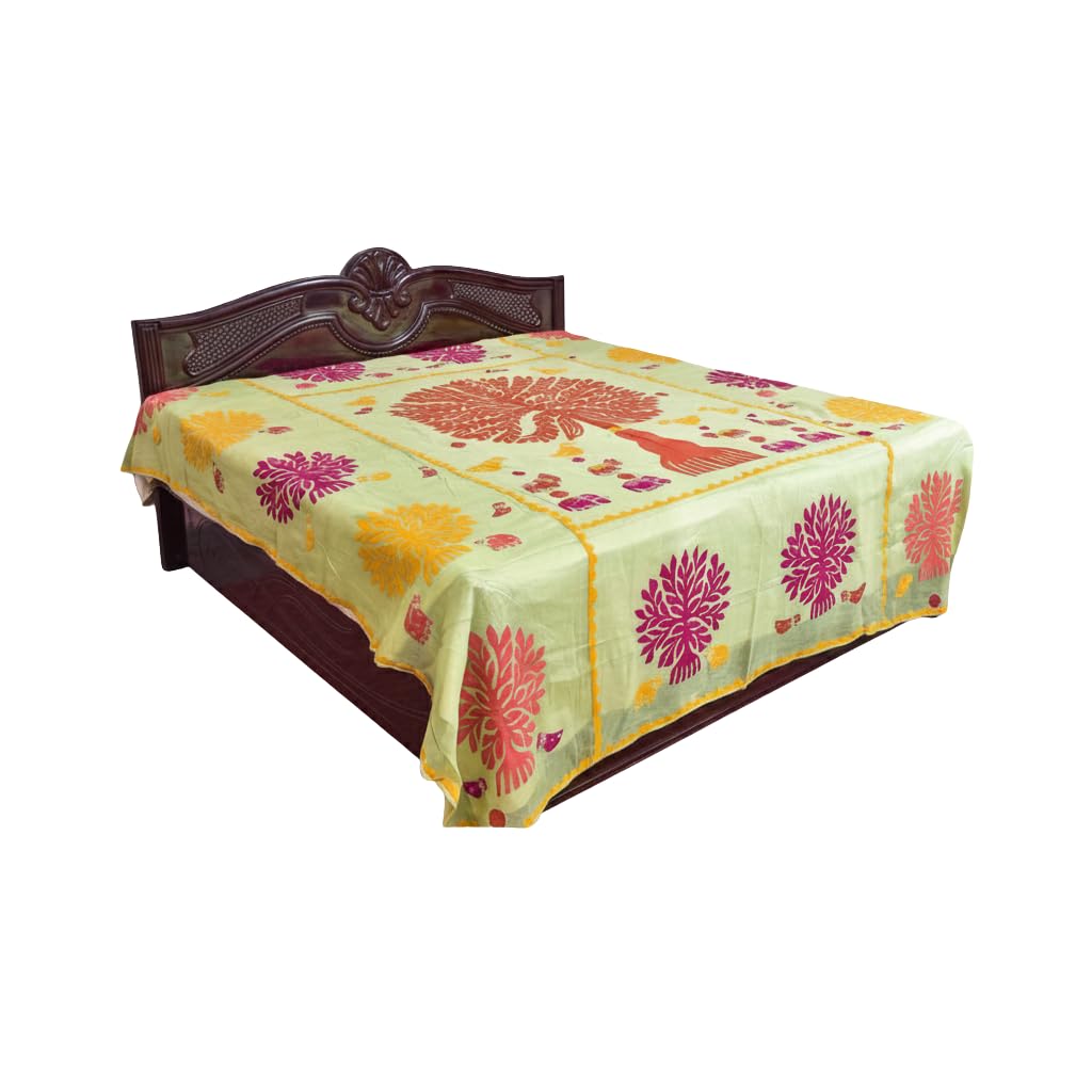 Pastel Green Tree of Life Applique Bedsheet | Nature Pattern Bedspread for Bedroom | Summer Cotton Bedsheet for Home-image-14