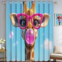 SMBHIAON Blue Background Curtains, Spotted Giraffe 3D Patterns Eyelet Thermal Insulated Printed Curtains For Kids Bedroom Playroom, Set Of 2 Panels W 66\" × L 54\" (2 Panels)