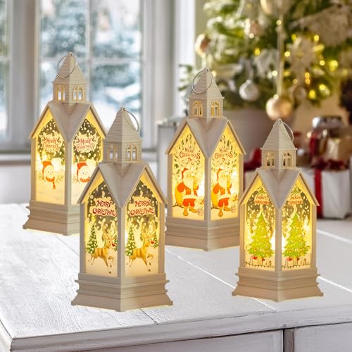 4 Stück Weihnachtsdeko Laterne, 17.5cm Weihnachten Deko Beleuchtete Windlicht, Weihnachtslaterne mit Warmweißes LED Licht, Hängend Laterne Weihnachten Batteriebetrieben Weihnachtsdekoration(Beige)