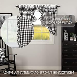 VHC Brands Annie Buffalo Check Cotton Farmhouse Kitchen Curtains Rod Pocket Drawstring Ties Ruffling Prairie Swag Pair Black Country
