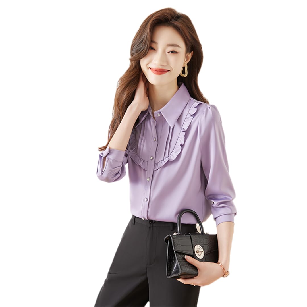 Disimlarl Camisas blancas elegantes formales de gasa de manga larga para mujer, blusas de trabajo de oficina, color morado