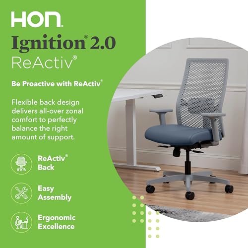 Image of HON Ignition 2.0 ReActiv Ergonomic Office Chair, Mesh Desk Chair with Lumbar Support, Synchro‑Tilt Recline, Height and Width Adjustable Arms, Swivel Wheels, Titanium Frame, Ocean
