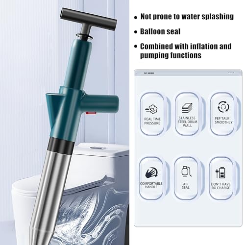 Image of High Pressure Toilet Plunger with Real-Time Barometer - Air Drain Blaster Gun, Multi-Drain Unclogger for Toilets, Sinks, Bathroom Floors, and Plumbing Clogs Stainless Steel
