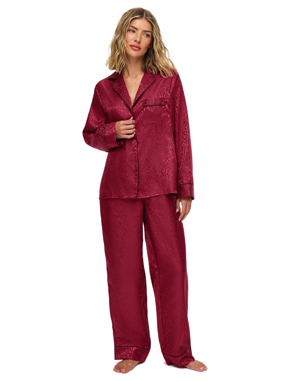 Ann Summers Signature Satin Long PJ Set (2 Piece) Jacquard Satin Pyjamas for Women – Luxurious Button-Up Womens Pyjamas for Bedtime or Lazy Mornings, Comfortable and Stylish Ladies PJs Burgundy