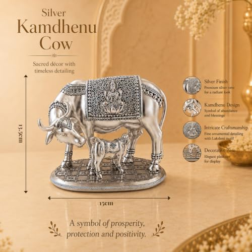 Image of DIVINITI 999 Silver Plated Kamdhenu Cow with Calf Idol | Premium Gift Box Included | Vastu Showpiece for Wealth, Prosperity & Positive Energy | Home Temple, Office & Housewarming Gift | 13.5 x 15 cm