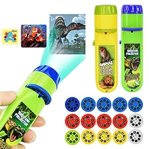 Torcia per bambini, torcia per proiettore per bambini per giocattoli per videoproiettore di storie della buona notte per bambini – dinosauro + oceano + animale+spazio+lettere(120 immagini, set di 5)
