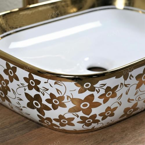 Image of InArt Tabletop Ceramic Wash Basin /Sink in White-Gold Color Bathroom
