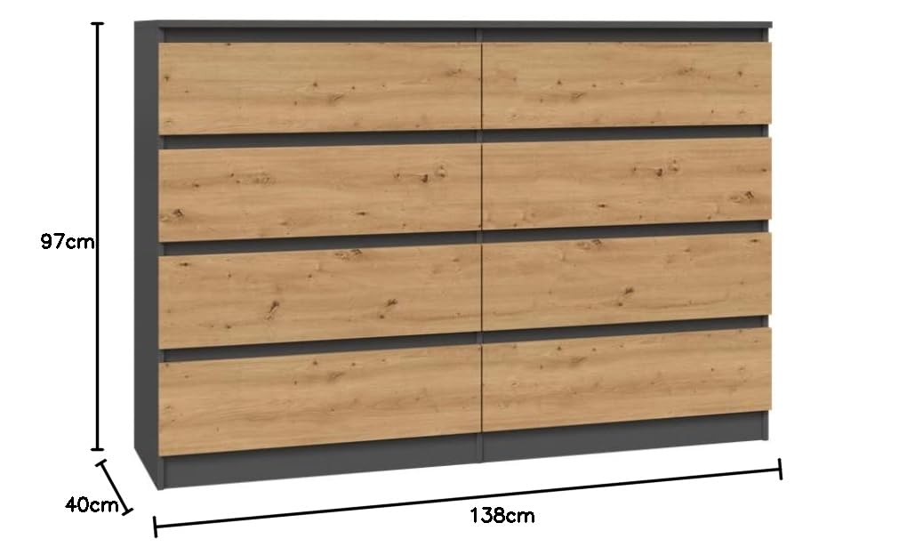 ADGO Malwa M8 140 Kommode mit 8 Schubladen 138x97x40cm, Klassischer Schrank mit Regalen für Schlafzimmer Wohnzimmer Kinderzimmer Tief Freistehend Platzsparend (Versand in 3 Packs) (Anthrazit/Artisan)