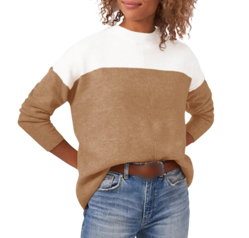 Damen Strickpullover Mit Rundhalsausschnitt, Lange Ärmel, Farbblock Pullover, Oberteile, Pullover, Lockeres Basic Sweatshirt, Lässige Pullover, Frühlings Winter Sweatshirt Strickwaren, KHA