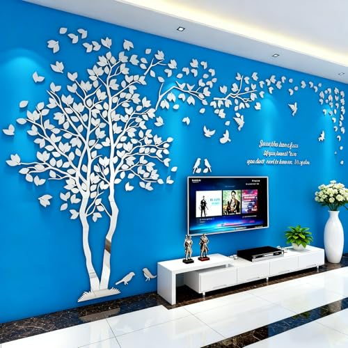 Family Tree Wall Decor Decals - DIY 3D Tree of Life Wall Art Large Decal Stickers Silver Decor Living Room Mural for Bedroom Hallway Home TV Background (Silver Left,M-98X51in)